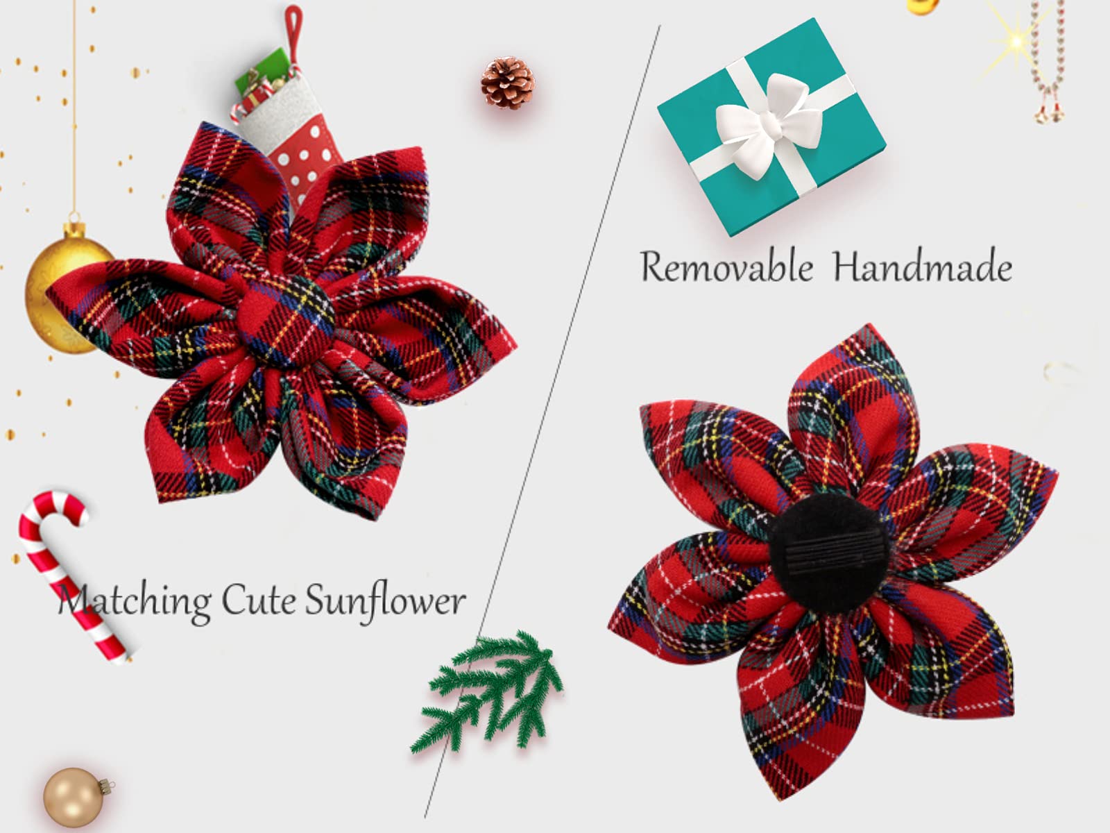 Christmas Grid Dog Collar, Female or Male Adjustable Dog Collar with Flower