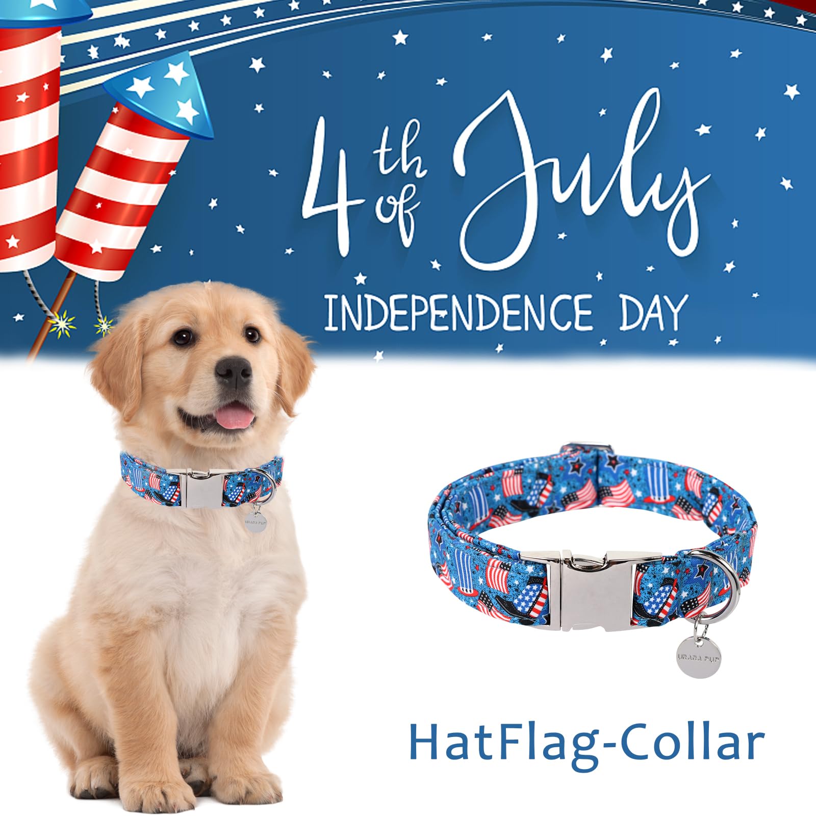 Patriotic Dog Collar, 4th of July Dog Collar, American Flag Collar for Puppy Boy Girl Dog or Cat, Comfortable Summer Collar with Metal Buckle