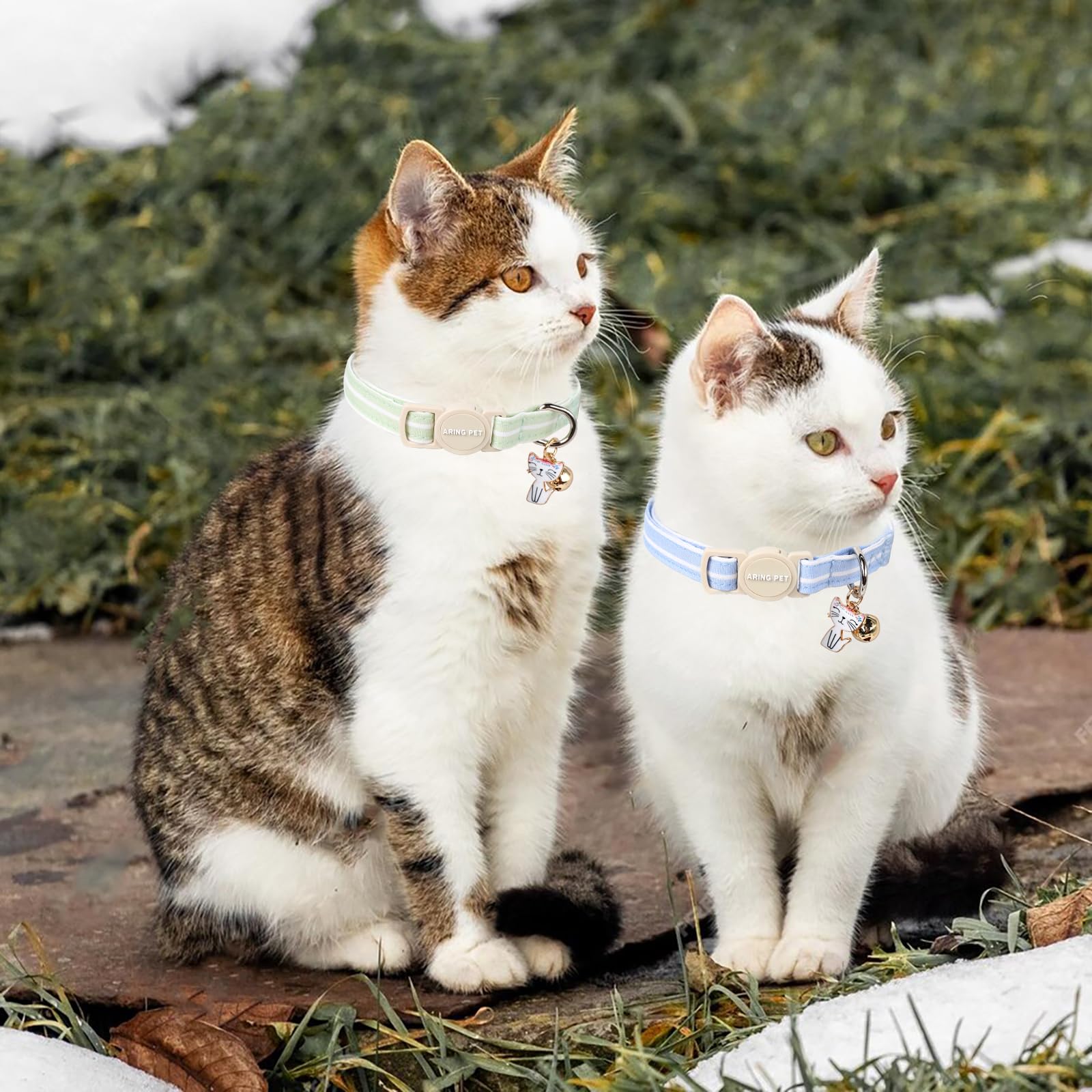 2 Pack Cat Collar-Cute Cotton Cat Collar with Bell & Pendant, Adjustable Blue Green Striped Kitten Collars with Safety Buckle for Girl and Boy Pets