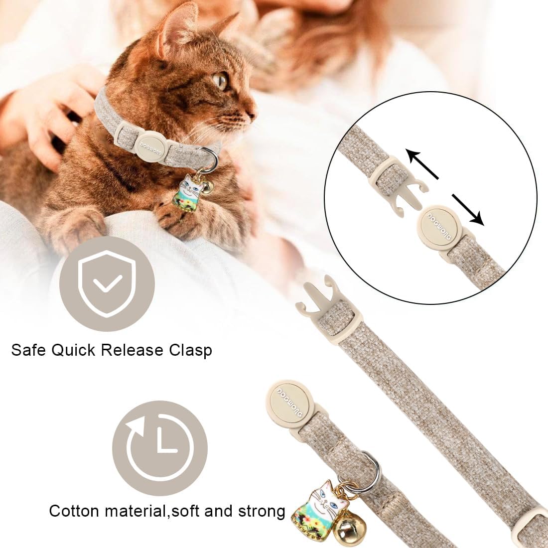 Cat Collar,2 Pack White Hemp Cat Collars Breakaway with Bell, Safety Buckle Wedding Cat Collar for Girl Boy Cats and Small Dogs，Adjustable 7-12 Inch,Pet Supplies Accessories