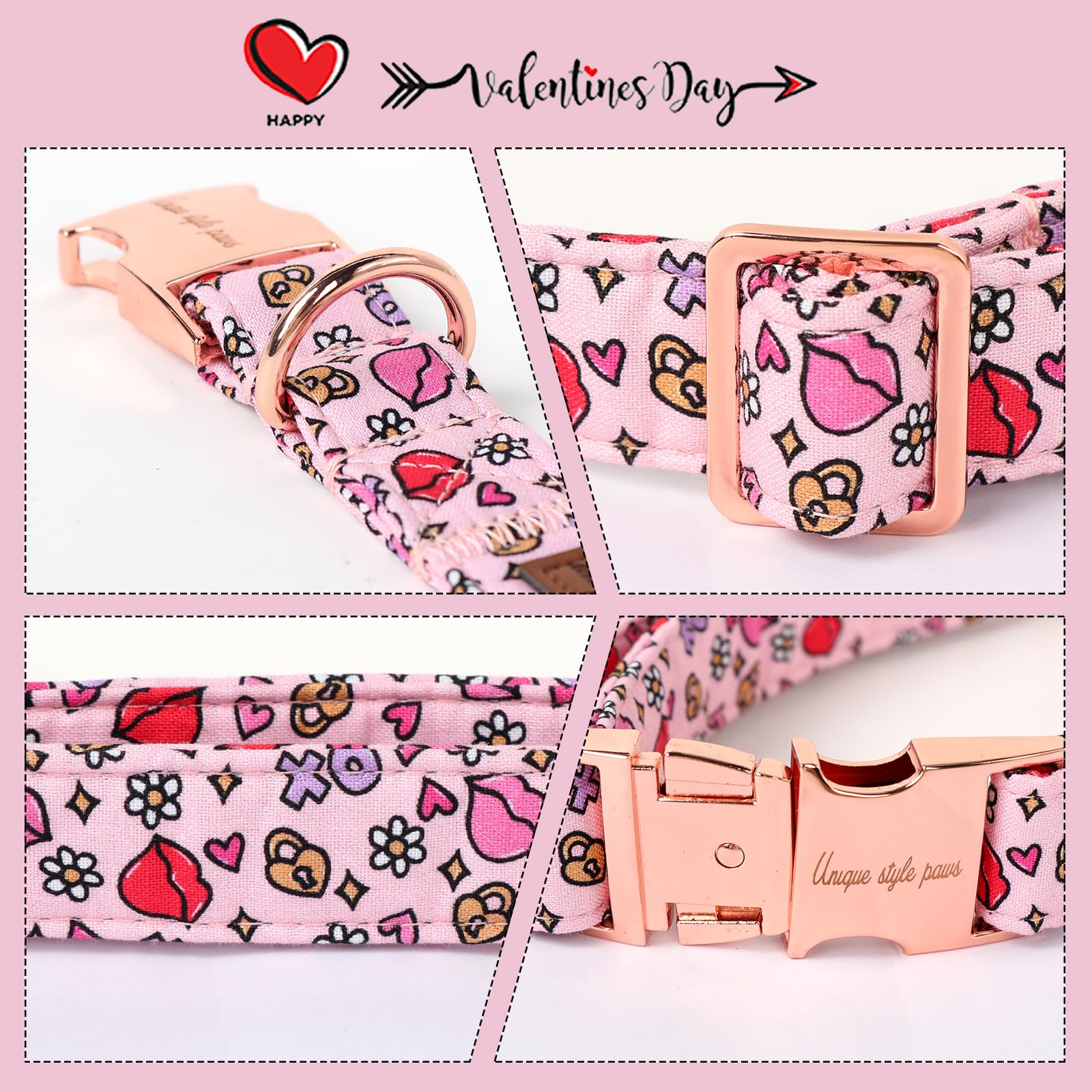 Valentine's Day Dog Collar Metal Buckle Collar XO Red Lips Gift for Small Medium Large Boys Girls Dogs Wedding