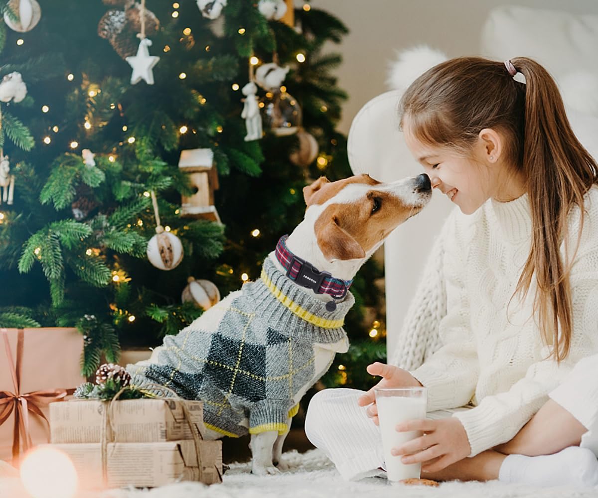 Christmas Cotton Dog Collar, Blue Tartan Christmas Dog Collar Durable Soft Fabric Pet Dog Collar Cute Blue Plaid Puppy Necklace for Small Medium Large Dog