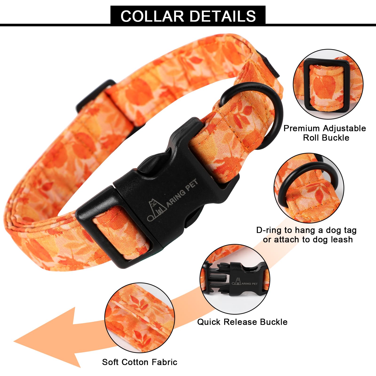 Fall Dog Collar-Cute Orange Leaves Dog Collar for Small Dogs, Cotton Lightweight Dog Collars with Quick Release Buckle for Small Medium Large Dogs