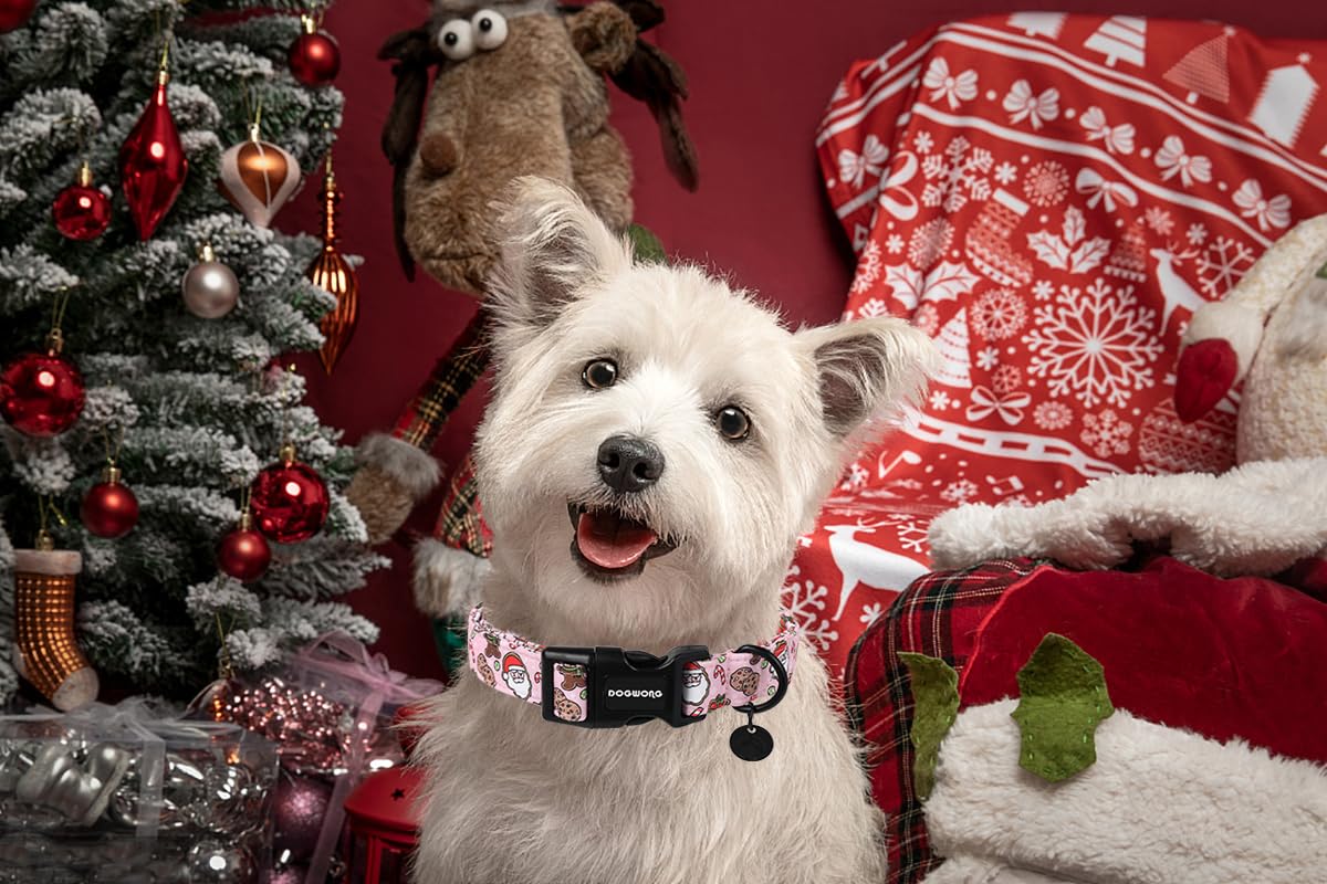 Christmas Cotton Dog Collar, Pink Santa Claus Dog Collar Durable Holiday Pet Dog Collar Cute Puppy Necklace for Small Medium Large Dog