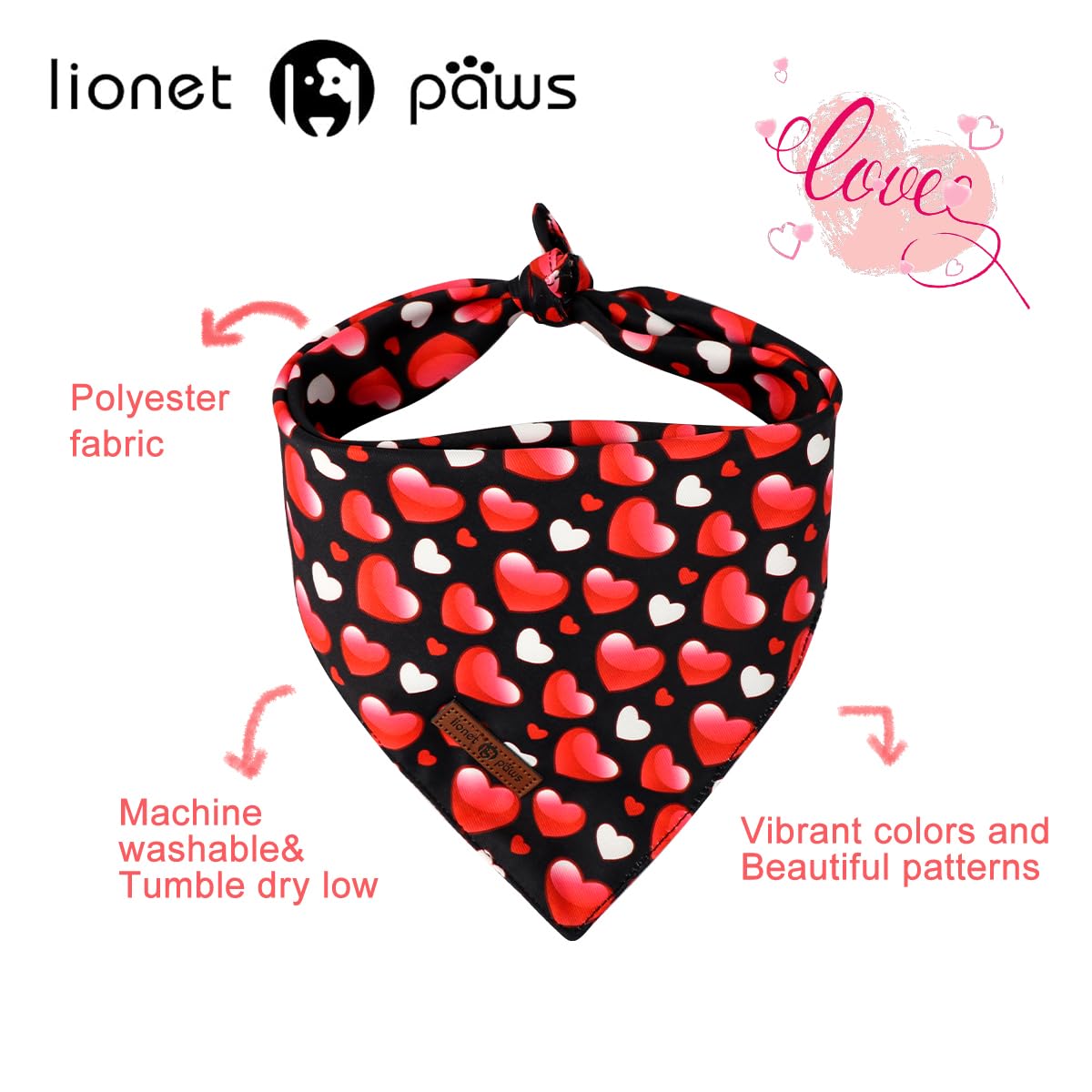 Dog Bandanas, Heart Dog Valentine's Day Scarf Bib Premium Fabric, Happy Valentine Love Bandanas for Dogs Pets