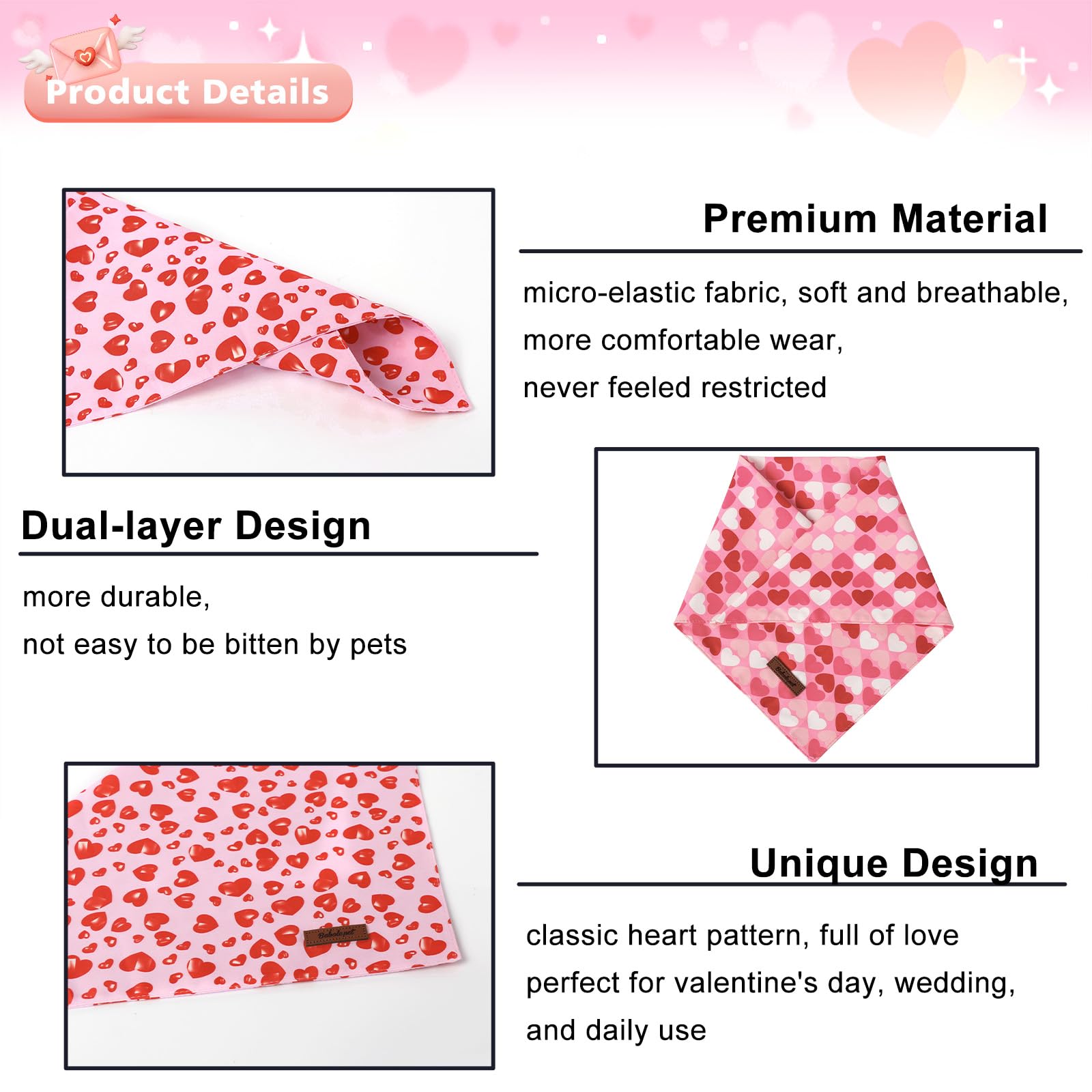 Valentine's Day Dog Bandanas 2 Pack, Pink Red Heart Pattern Valentines Dog Scarf Bib for Boy and Girl, Cute Holiday Bandana for Dogs and Cats