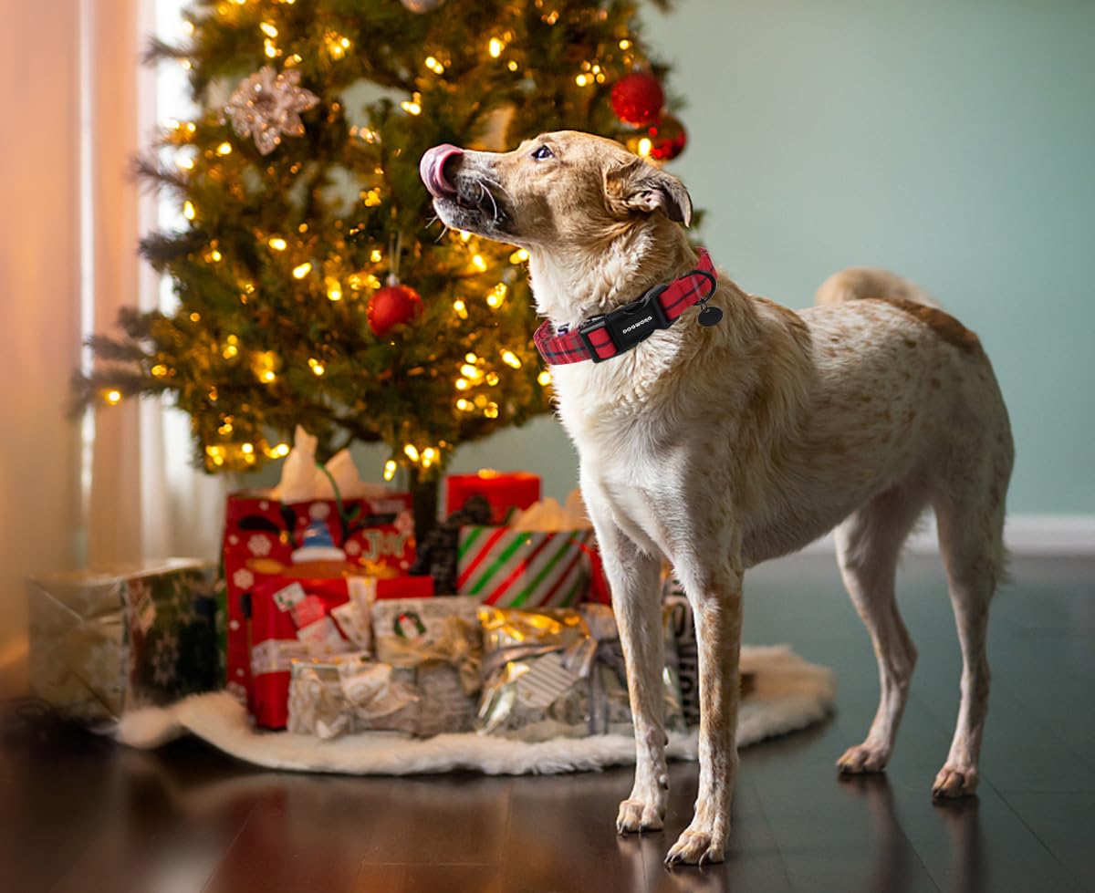 Christmas Cotton Dog Collar, Heavy-Duty Red Plaid Dog Collar Durable Soft Fabric Pet Dog Collar Cute Christmas Red Grid Puppy Necklace for Small Medium Large Dog