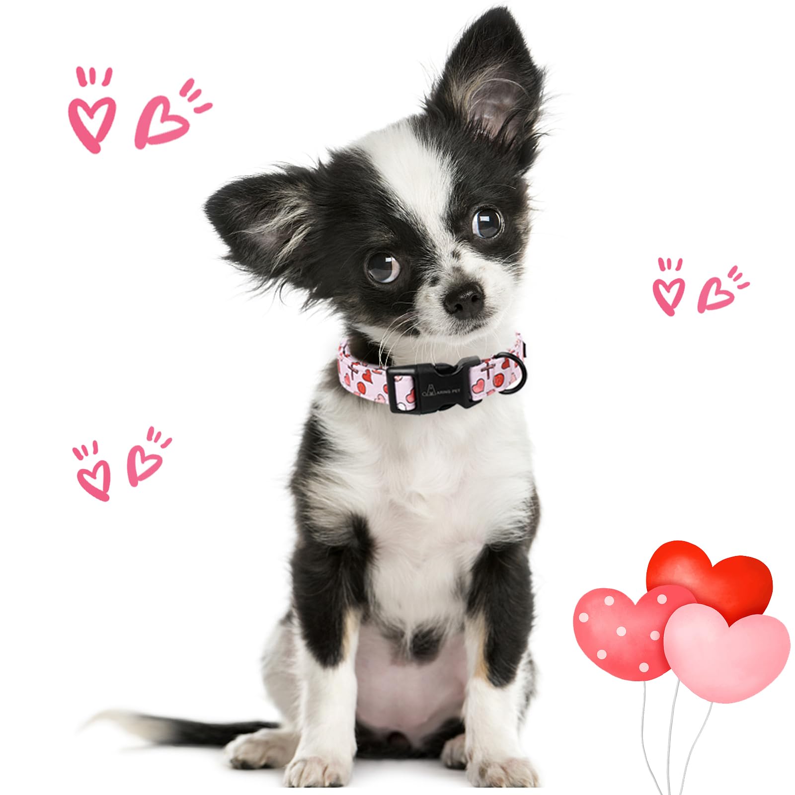 Valentine's Day Dog Collar-Cotton Pink Heart Dog Collars, Adjustable Valentine Pet Collars Girl Puppy Collar with Quick Release Buckle