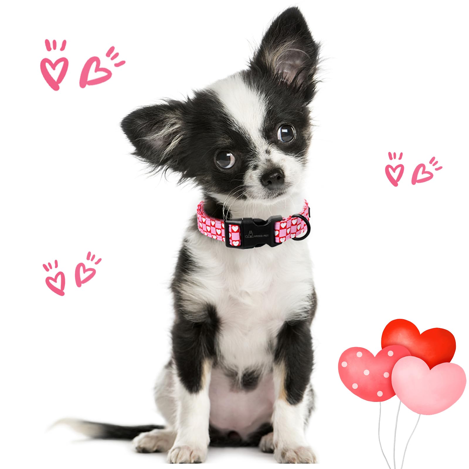 Valentine's Day Dog Collar-Cotton Pink Heart Dog Collar, Adjustable Valentine Pet Collars Girl Puppy Collar with Quick Release Buckle