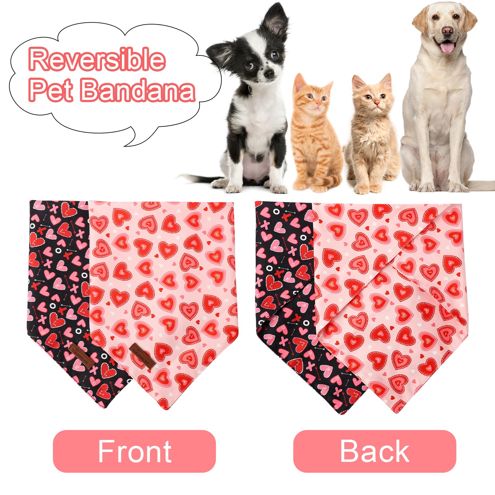Valentine's Day Dog Bandana 2 Pack-Cute Pink&Black Heart Dog Bandanas, Reversible Wedding Dog Triangle Bibs Pet Scarf Gifts for Small Dogs and Cats