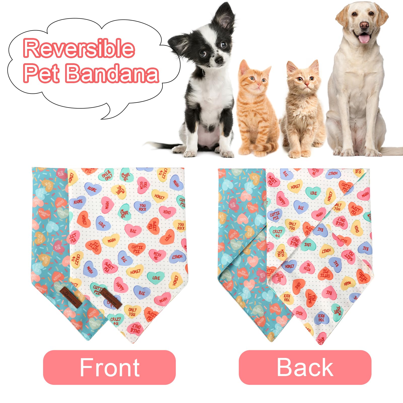 Valentine's Day Dog Bandana 2 Pack-Cute Blue&Candy Heart Dog Bandanas, Reversible Wedding Dog Triangle Bibs Pet Scarf Gifts for Dogs and Cats