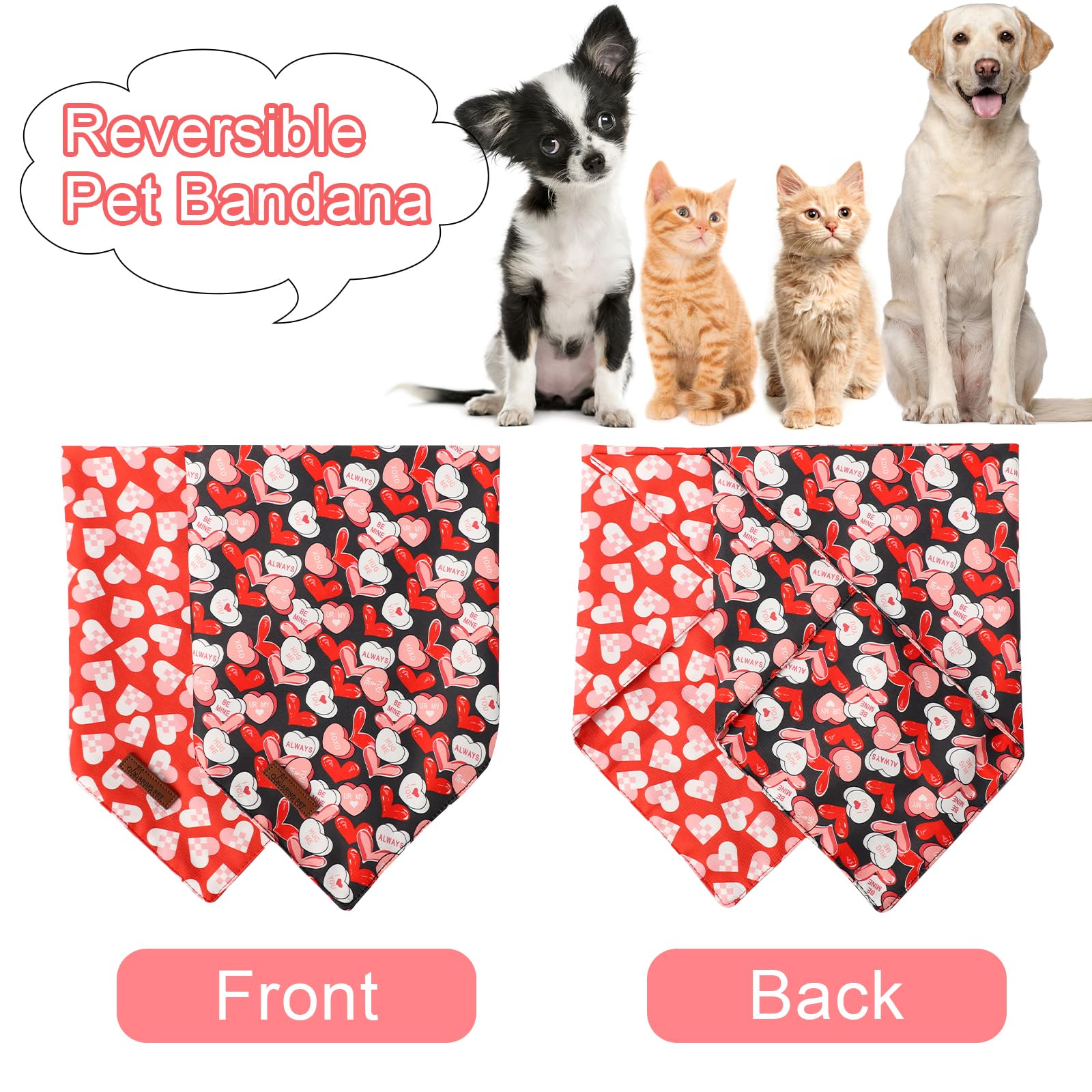 Valentine's Day Dog Bandana 2 Pack-Cute Black&Red Heart Dog Bandanas, Reversible Wedding Dog Triangle Bibs Pet Scarf Gifts for Dogs and Cats
