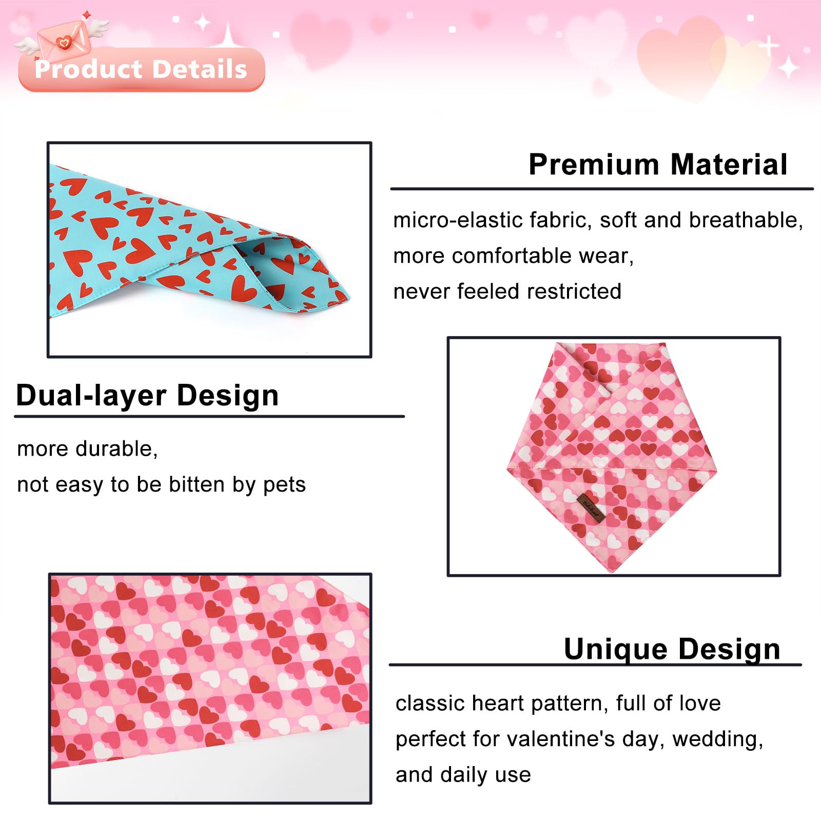 Valentine's Day Dog Bandanas 2 Pack, Pink and Sky Blue Heart Pattern Valentines Dog Scarf Bib for Boy and Girl, Cute Holiday Bandana for Dogs and Cats