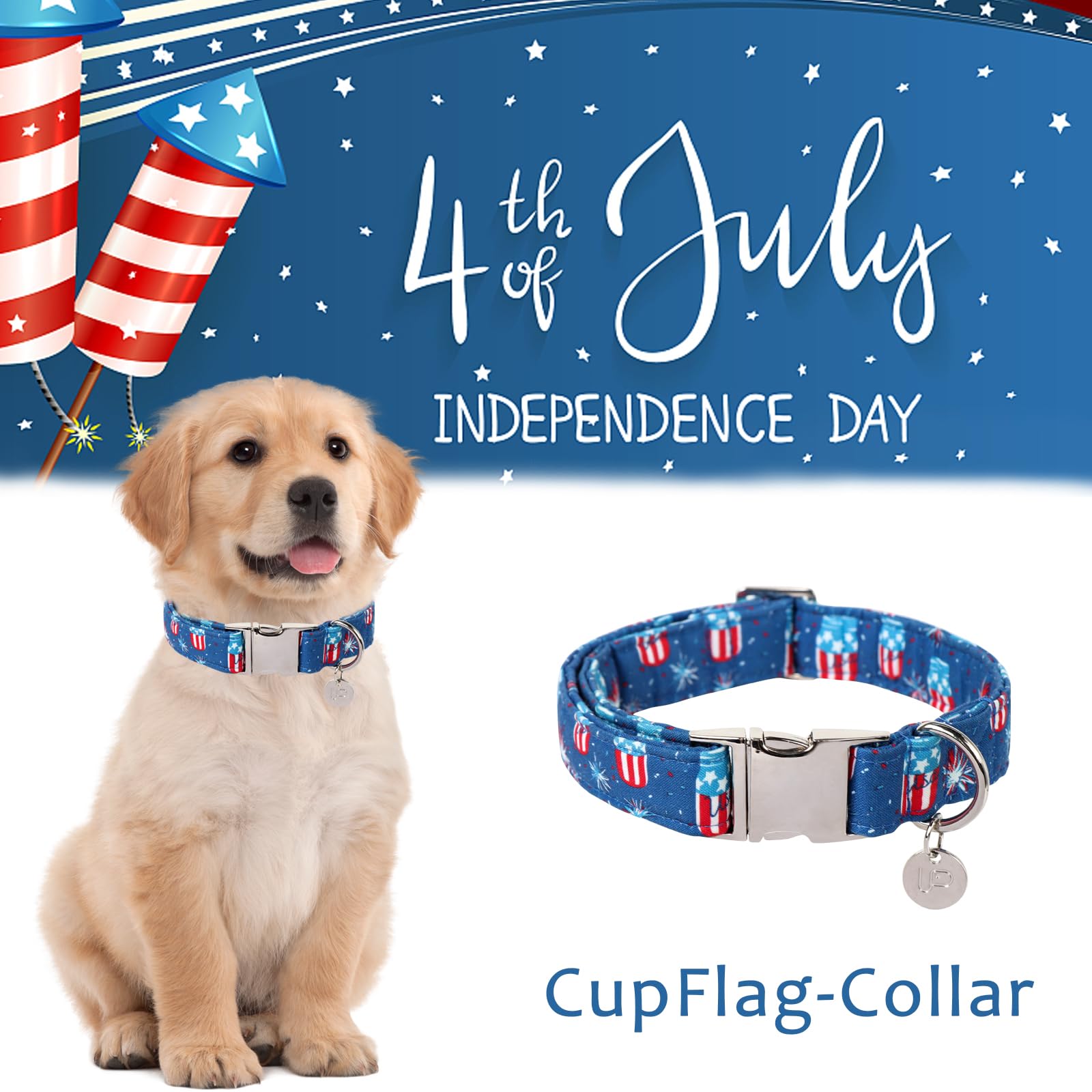 4th of July,Dog Collar, Patriotic Dog Collar, American Flag Collar for Puppy Boy Girl Dog or Cat, Comfortable Summer Collar with Metal Buckle