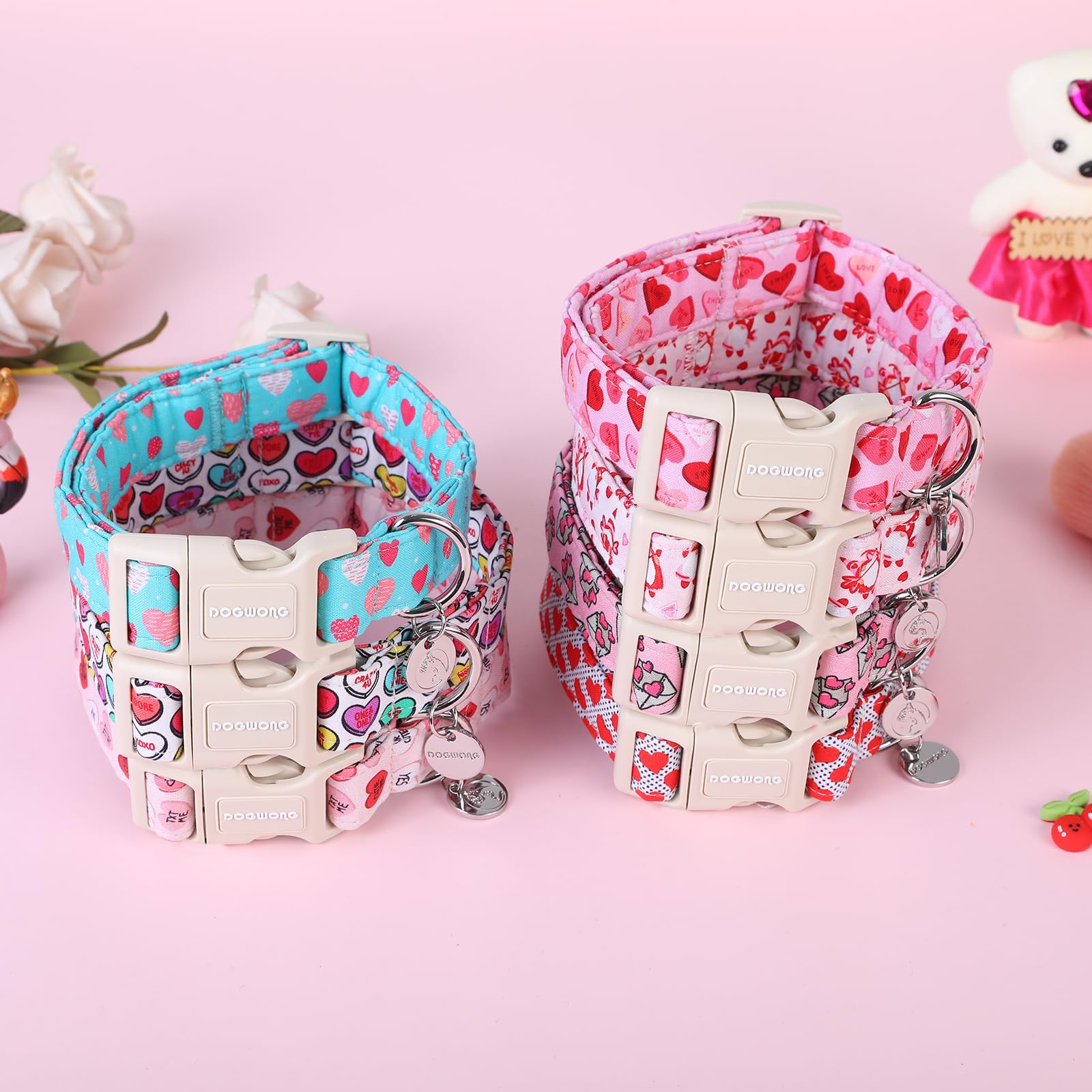 Valentine's Day Dog Collar - Blue Heart Adjustable Cotton Heart Dog Collar - Perfect Dog Collar for Small Medium Large Dogs