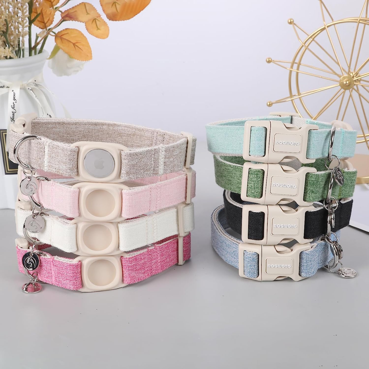 Airtag Cotton Hemp Dog Collar, Heavy-Duty Dog Collar with Airtag Holder Pink Dog Collar Natural Fabric Pet Dog Collar Cute Puppy Necklace for Small Medium Large Dog