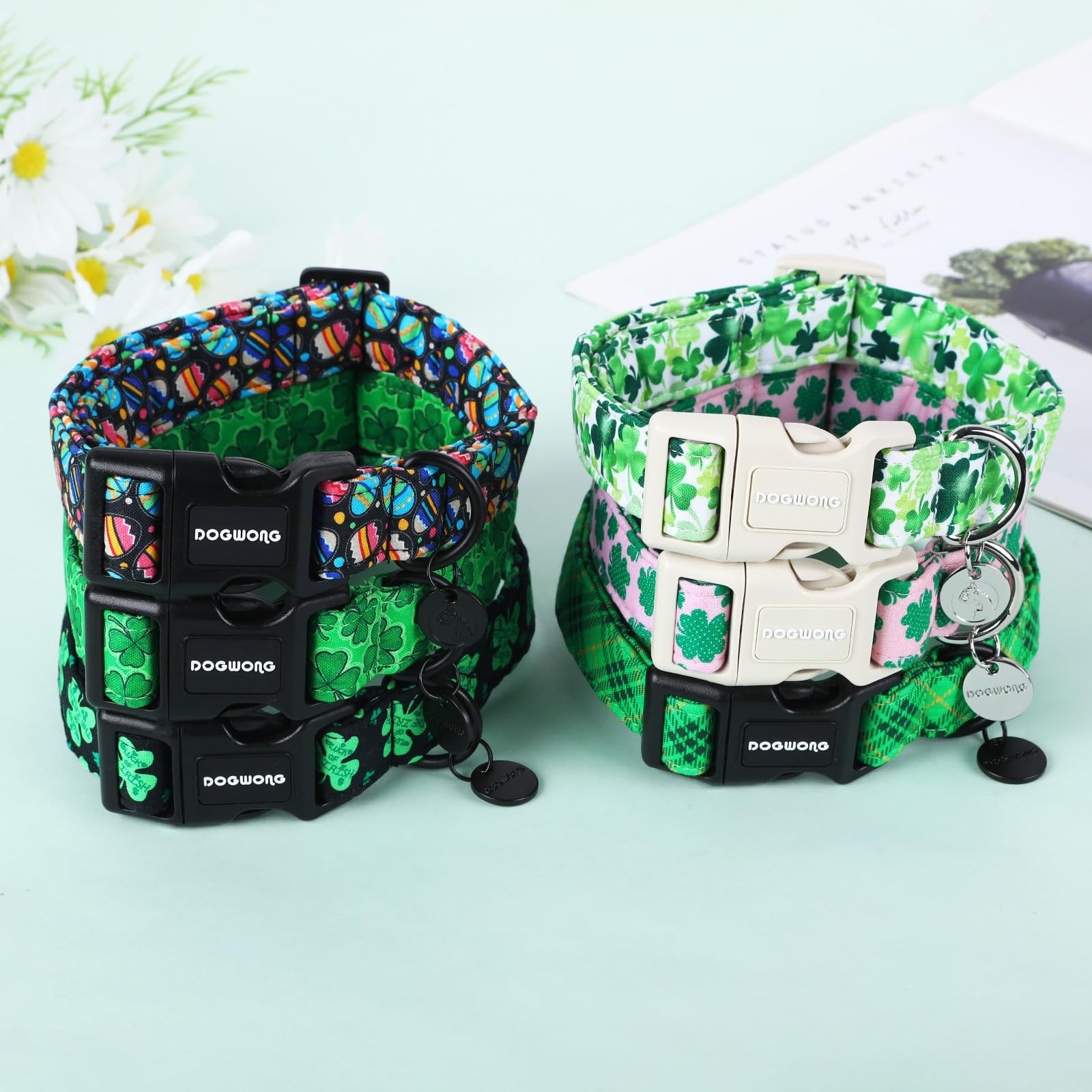 Black St. Patrick's Day Dog Collar, Green Lucky Clover Shamrock Dog Collar Soft Durable Adjustable Costume Bright Lucky Charm Puppy Collar for Small Medium Large Dog