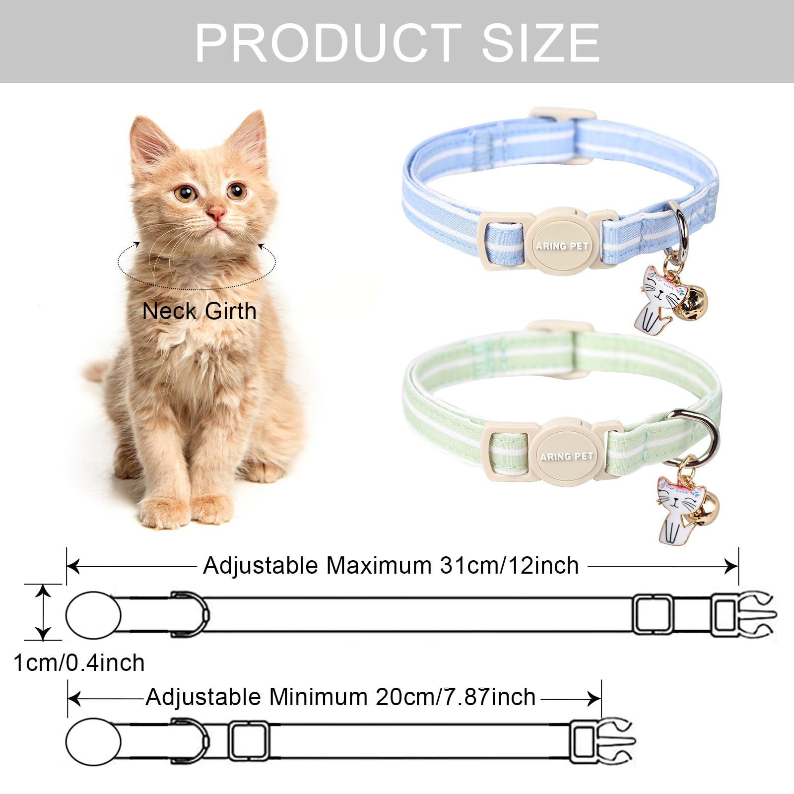 2 Pack Cat Collar-Cute Cotton Cat Collar with Bell & Pendant, Adjustable Blue Green Striped Kitten Collars with Safety Buckle for Girl and Boy Pets