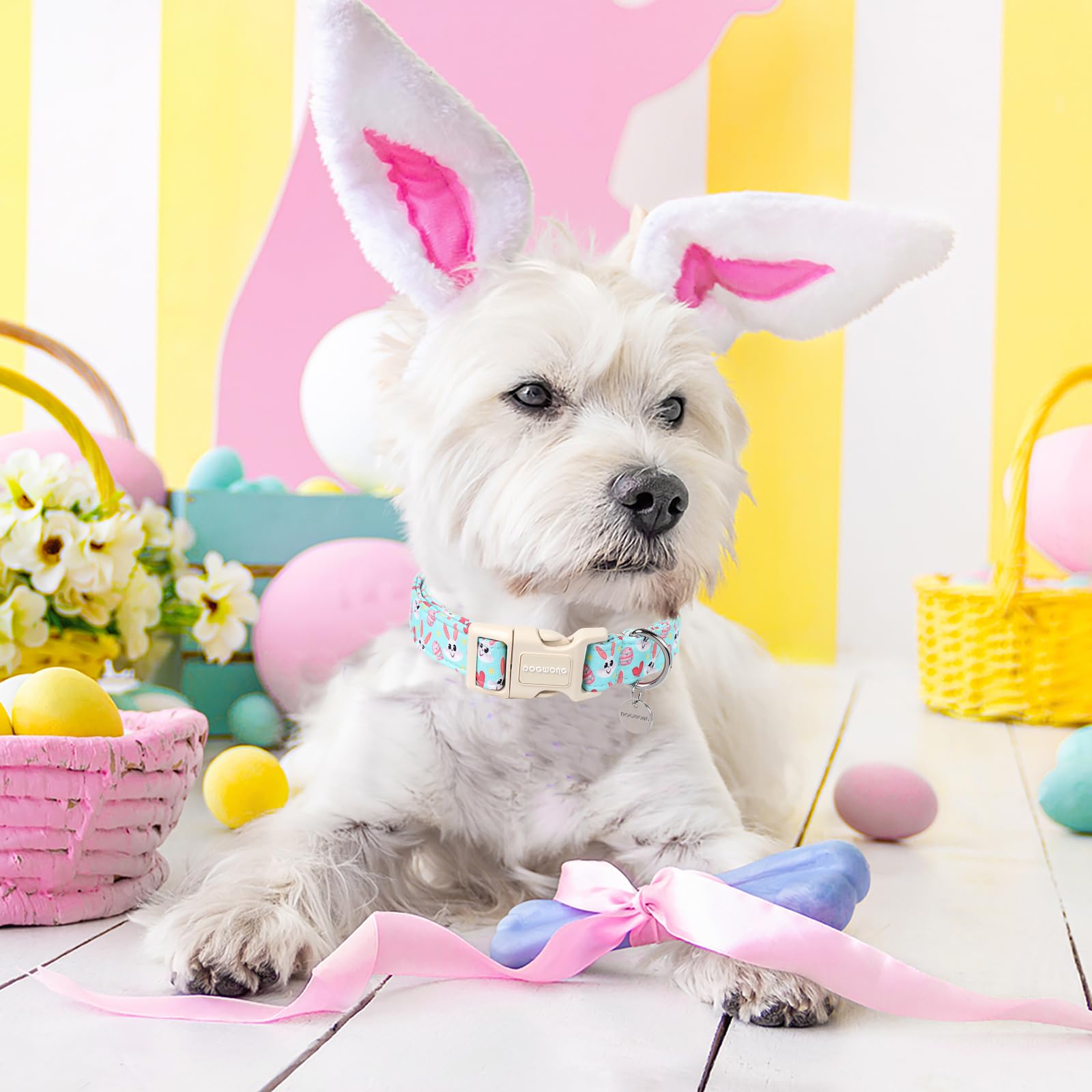 Easter Dog Collar, Blue Bunny Egg Dog Collar Soft Durable Adjustable Costume Cute Rabbit Easter Puppy Collar for Small Medium Large Dog