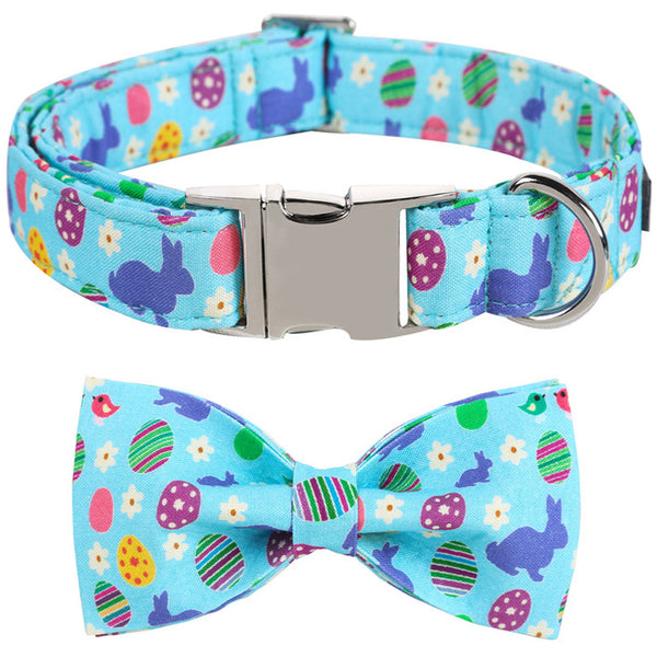 Easter Bowtie Dog Collar with Metal Buckle for Girl or Boy, Easter Bunny Egg Pattern