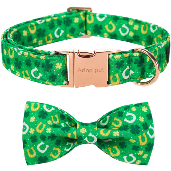 St. Patrick's Day Dog Collar with Bowtie for Girl or Boy, Green Clover