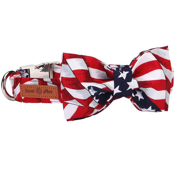 Patriotic Dog Collar with Bowtie, American Flag, 4th of July