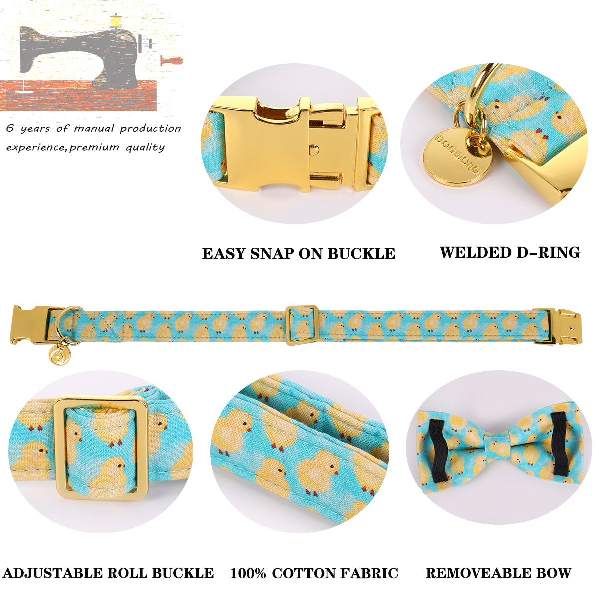 Easter Day Bowtie Dog Collar with Metal Buckle for Girl or Boy, Chicken Pattern