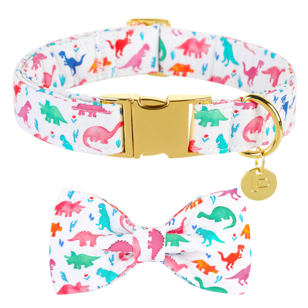 Dinosaur Dog Collar with Bowtie for Male Female Dogs