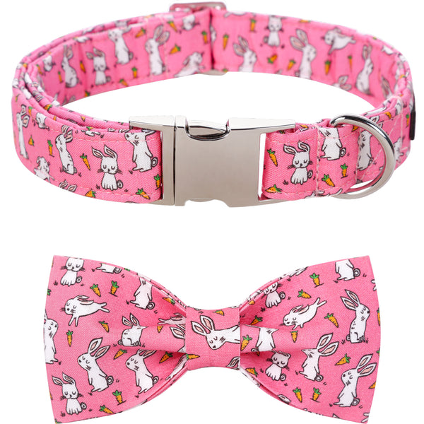 Easter Dog Collar with Bowtie, Rabbit and Carrot, Pink