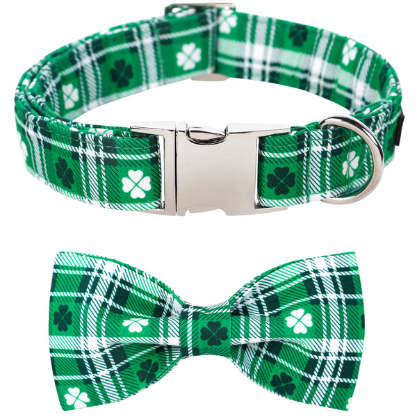 St. Patrick's Day Dog Collar with Bowtie for Girl or Boy, Green Clover