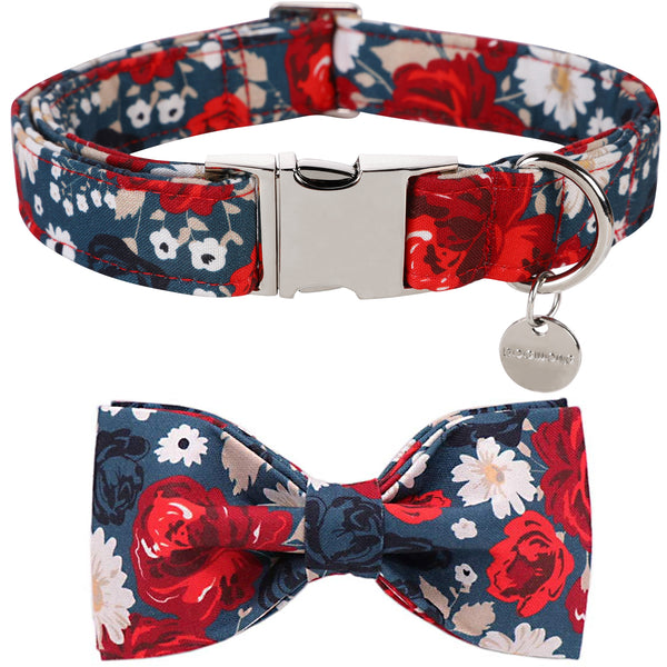 Bowtie Dog Collar with Metal Buckle for Girl, Flower Pattern