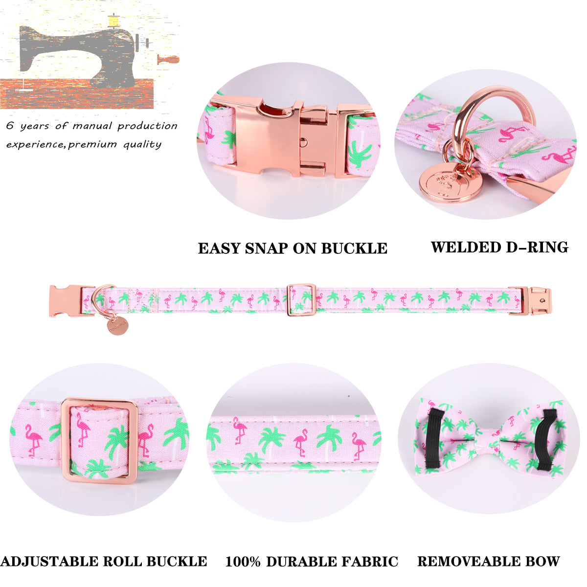 Summer Bowtie Dog Collar with Metal Buckle for Girl, Flamingo