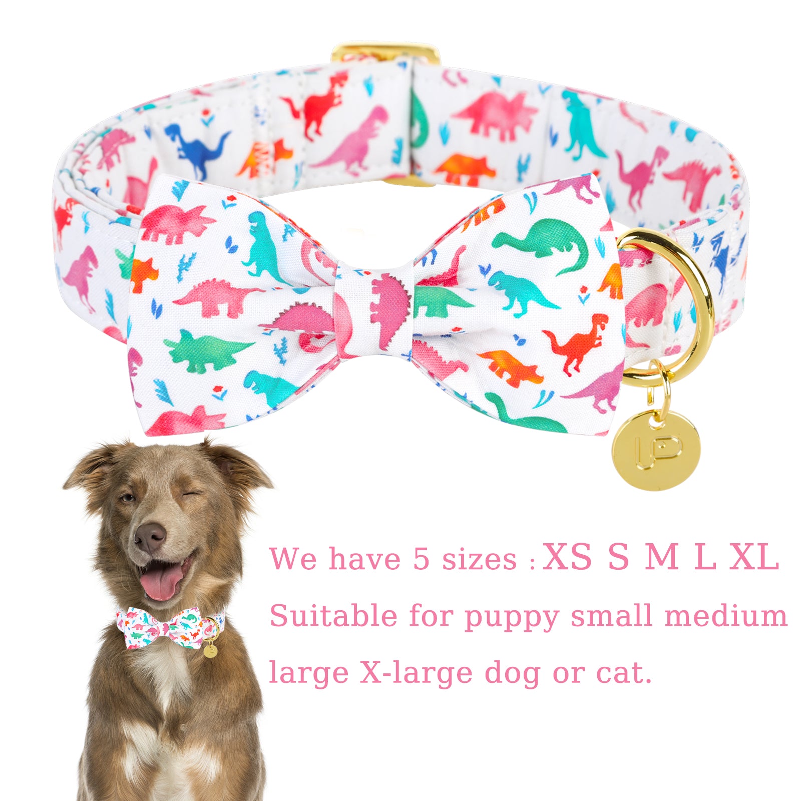 Dinosaur Dog Collar with Bowtie for Male Female Dogs