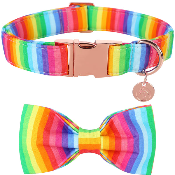 Rainbow Bowtie Dog Collar with Metal Buckle for Girl or Boy