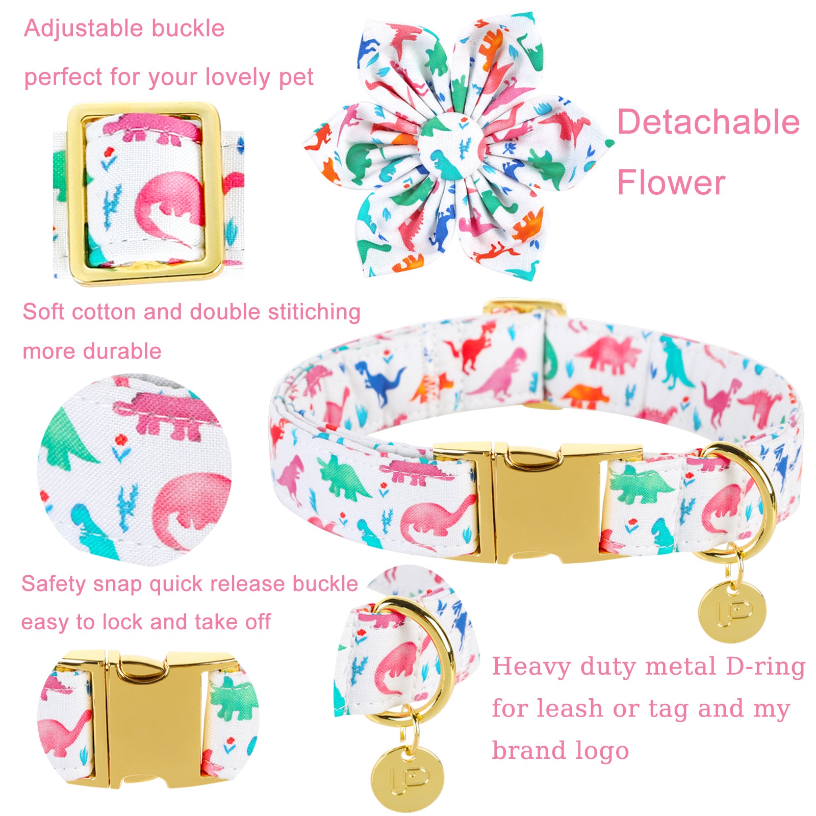 Dinosaur Dog Collar with Flower for Female Dog