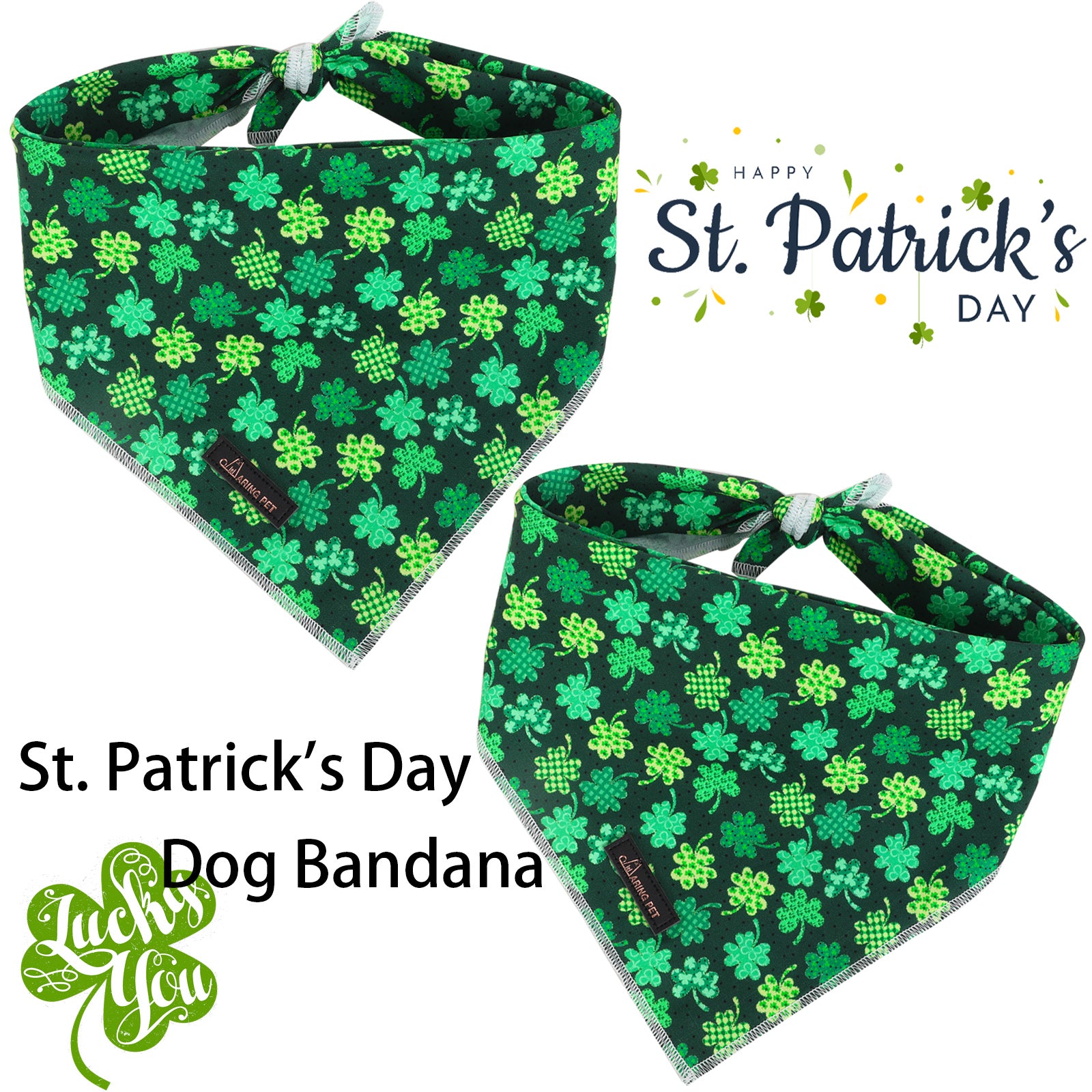 St. Patrick's Day Dog Bandana Handkerchief Scarf for Male Female Dog, Green Clover