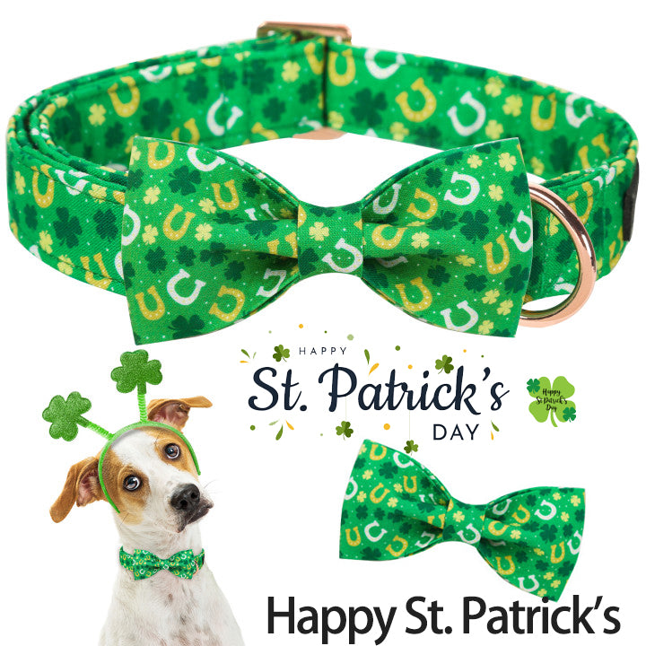 St. Patrick's Day Dog Collar with Bowtie for Girl or Boy, Green Clover