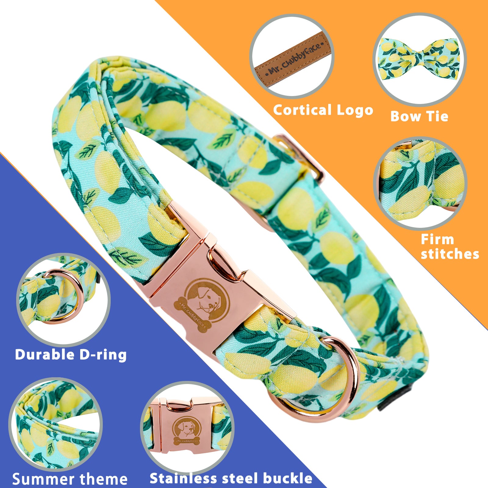 Cotton Bowtie Dog Collar with Metal Buckle for Girl or Boy, Lemon Pattern