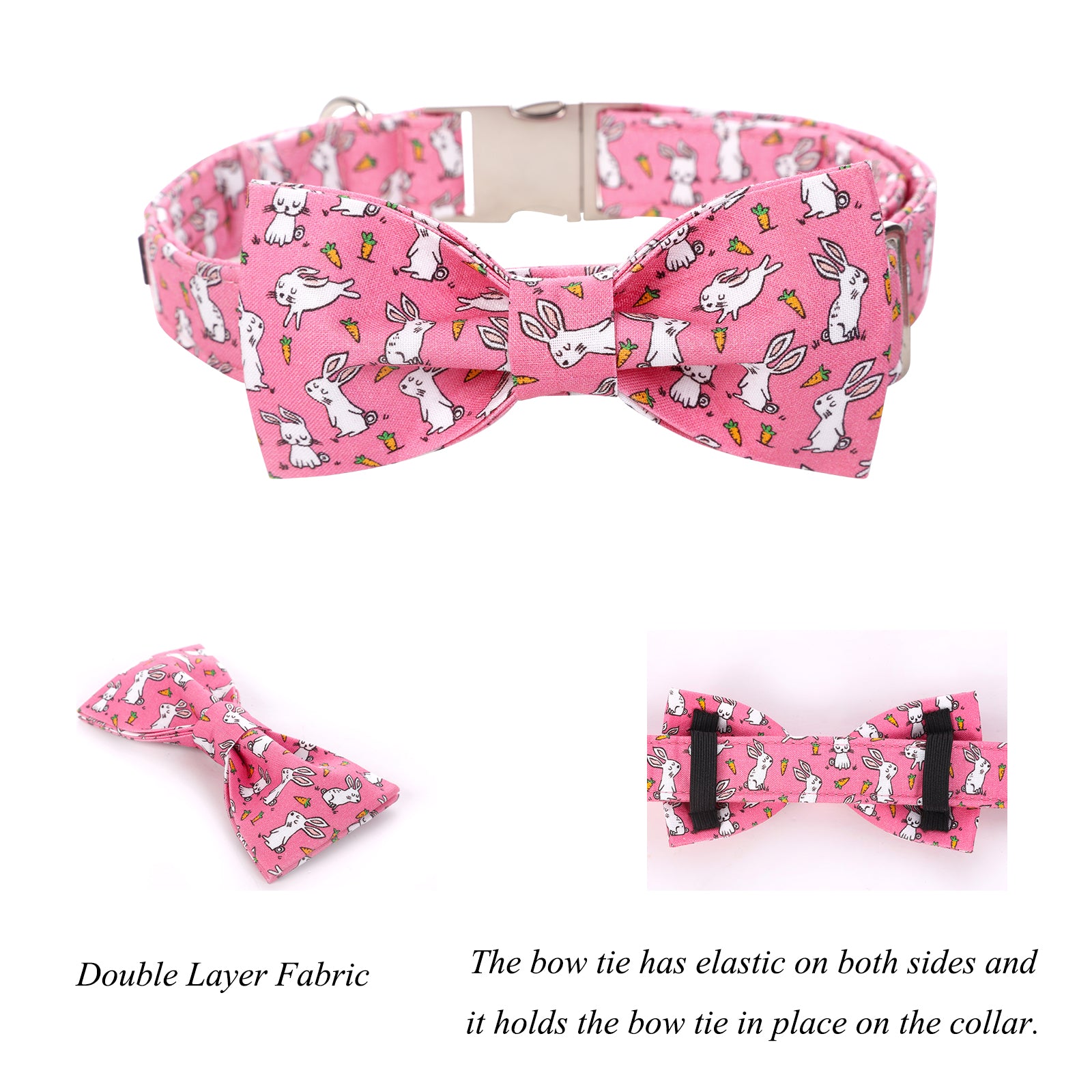 Easter Dog Collar with Bowtie, Rabbit and Carrot, Pink