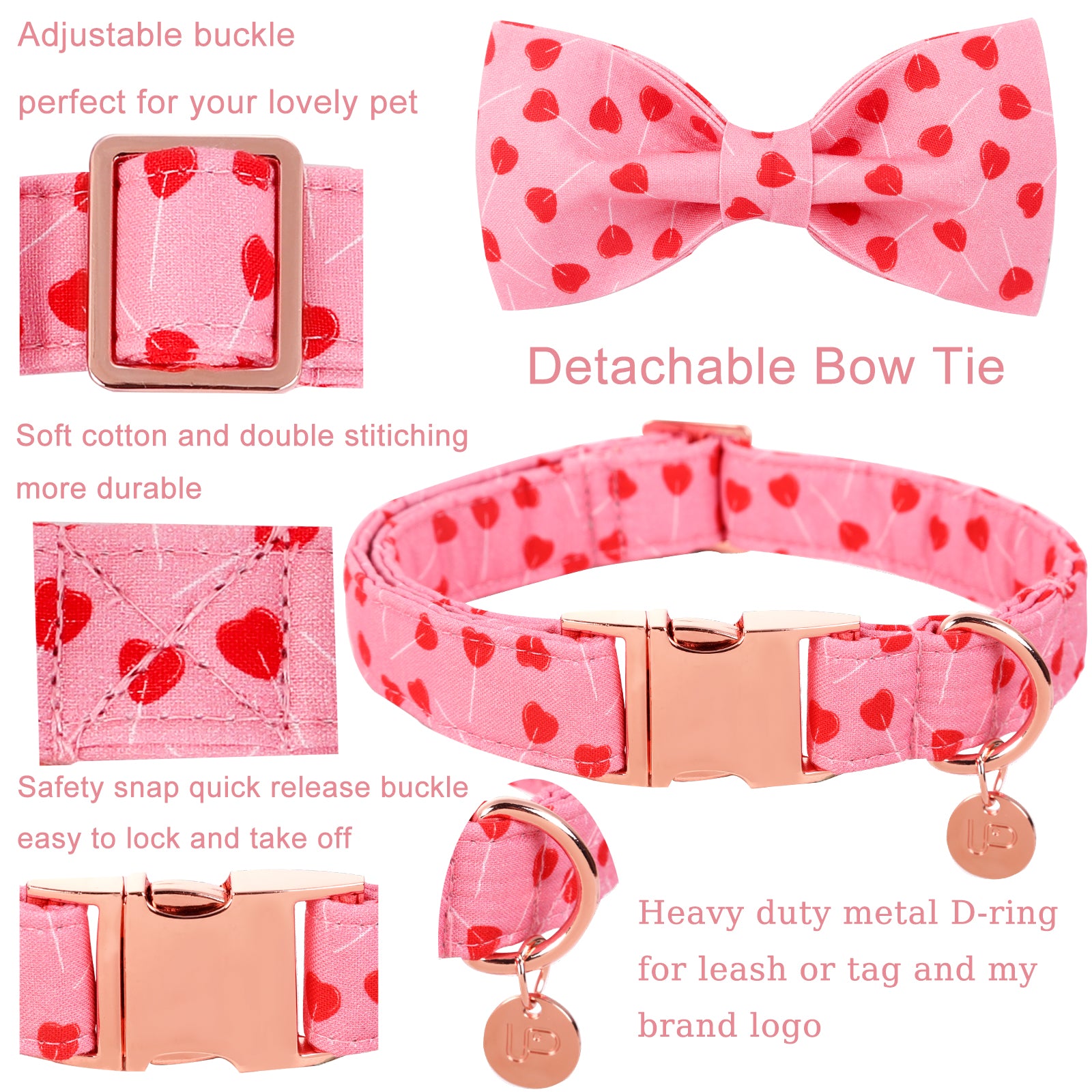 Valentine's Day Bowtie Dog Collar with Metal Buckle for Female Dog