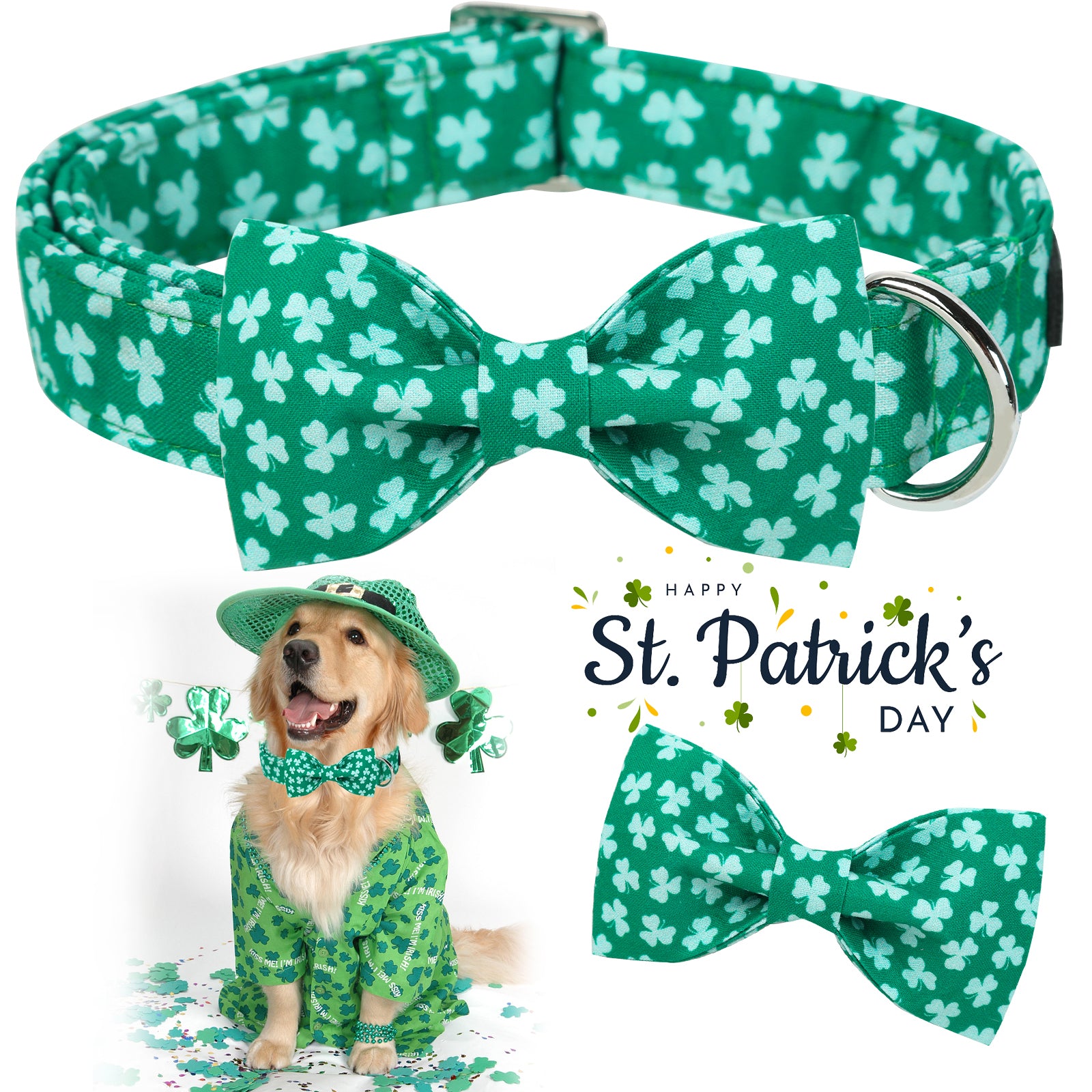 St. Patrick's Day Dog Collar with Bowtie for Girl or Boy, Green Clover