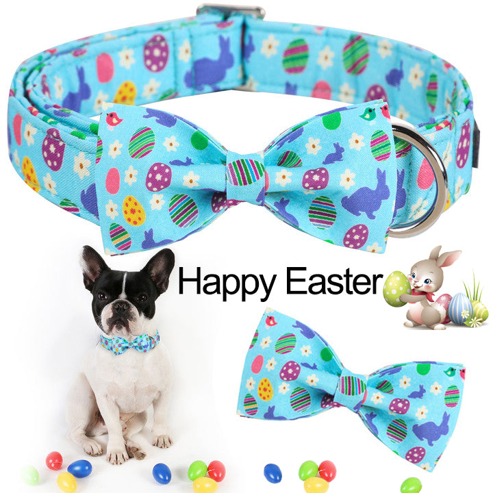 Easter Bowtie Dog Collar with Metal Buckle for Girl or Boy, Easter Bunny Egg Pattern