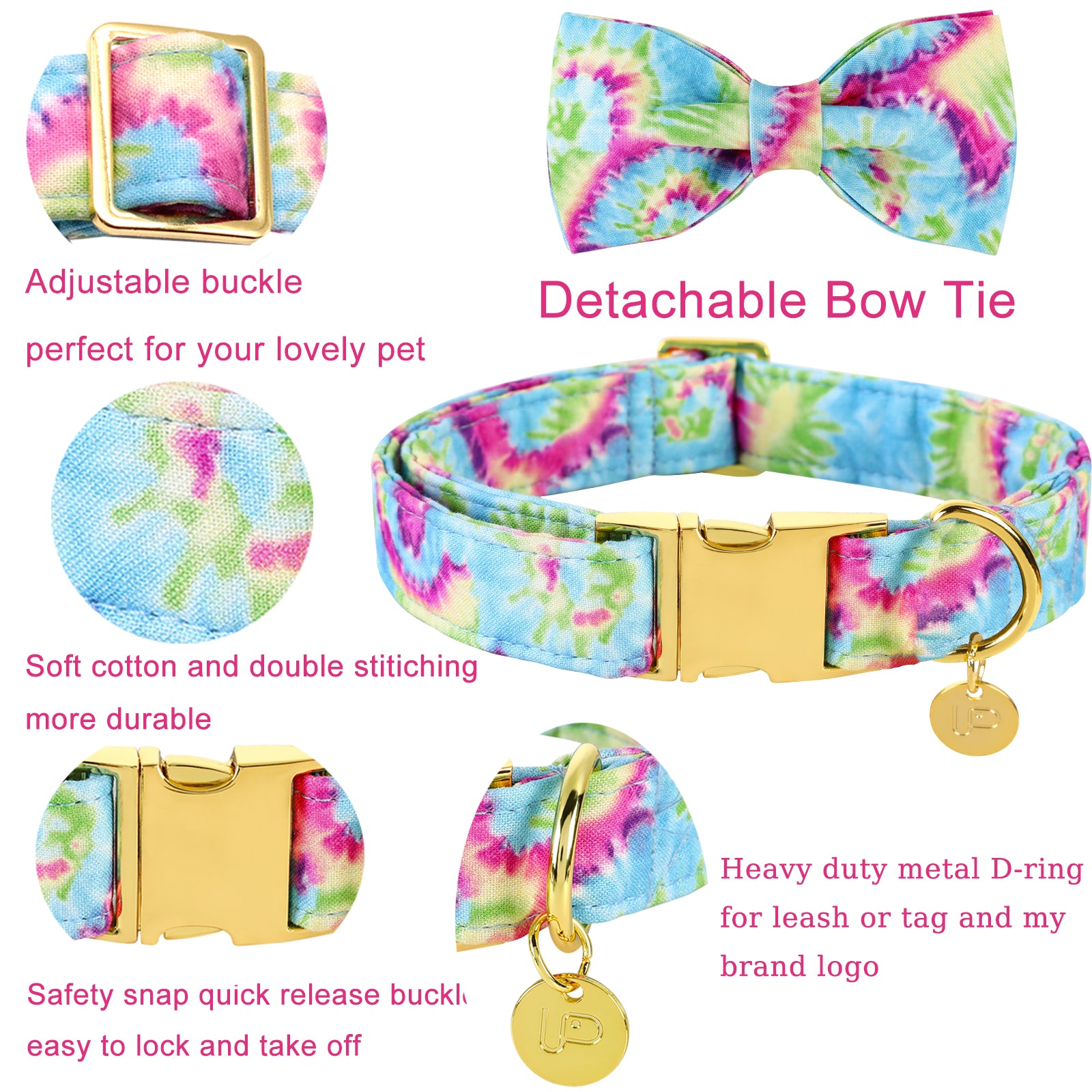 Tie-dye Dog Collar with Bowtie for Male Female Dogs