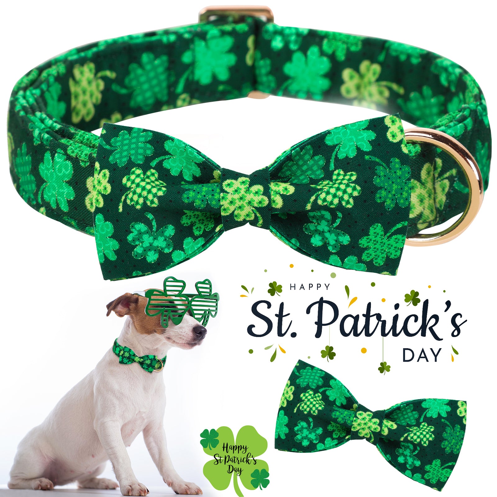 St. Patrick's Day Dog Collar with Bowtie for Girl or Boy, Green Clover