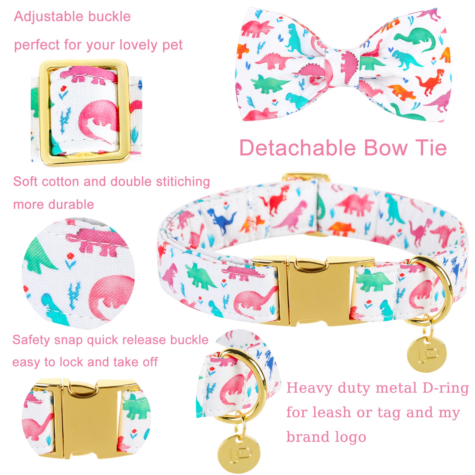 Dinosaur Dog Collar with Bowtie for Male Female Dogs