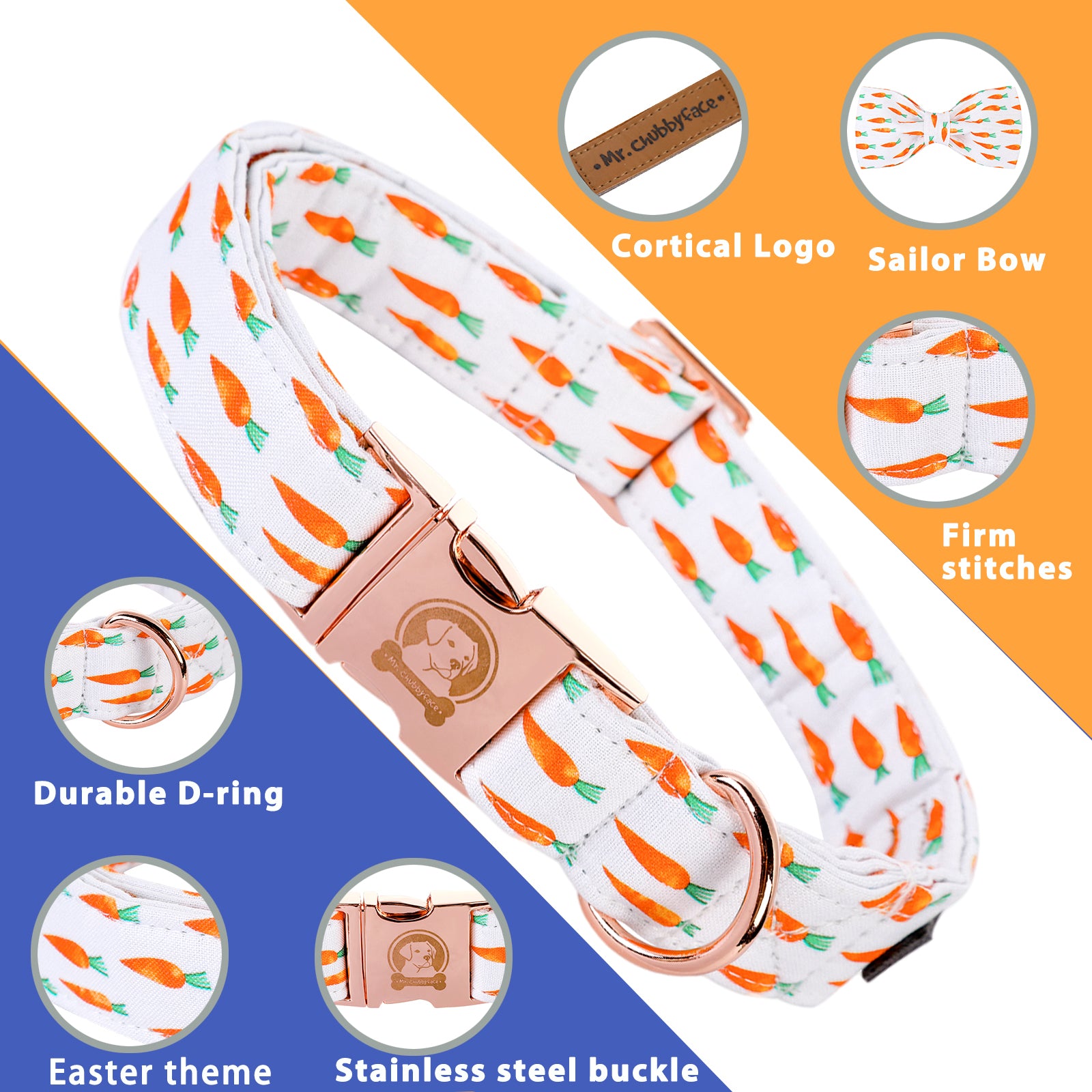 Easter Cotton Bowtie Dog Collar with Metal Buckle for Girl or Boy, Carrot Pattern