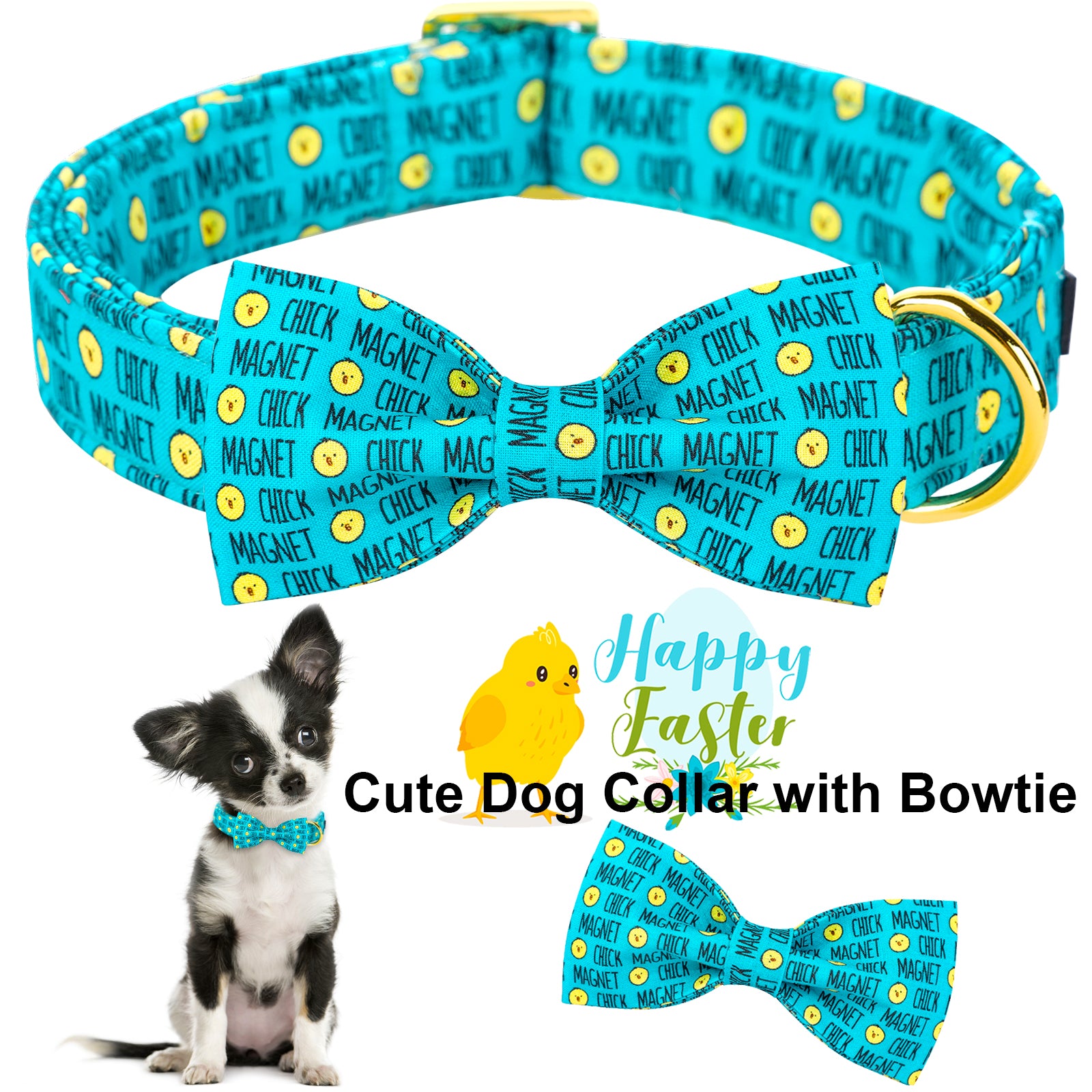 Easter Bowtie Dog Collar with Metal Buckle for Girl or Boy, Easter Chicken Pattern