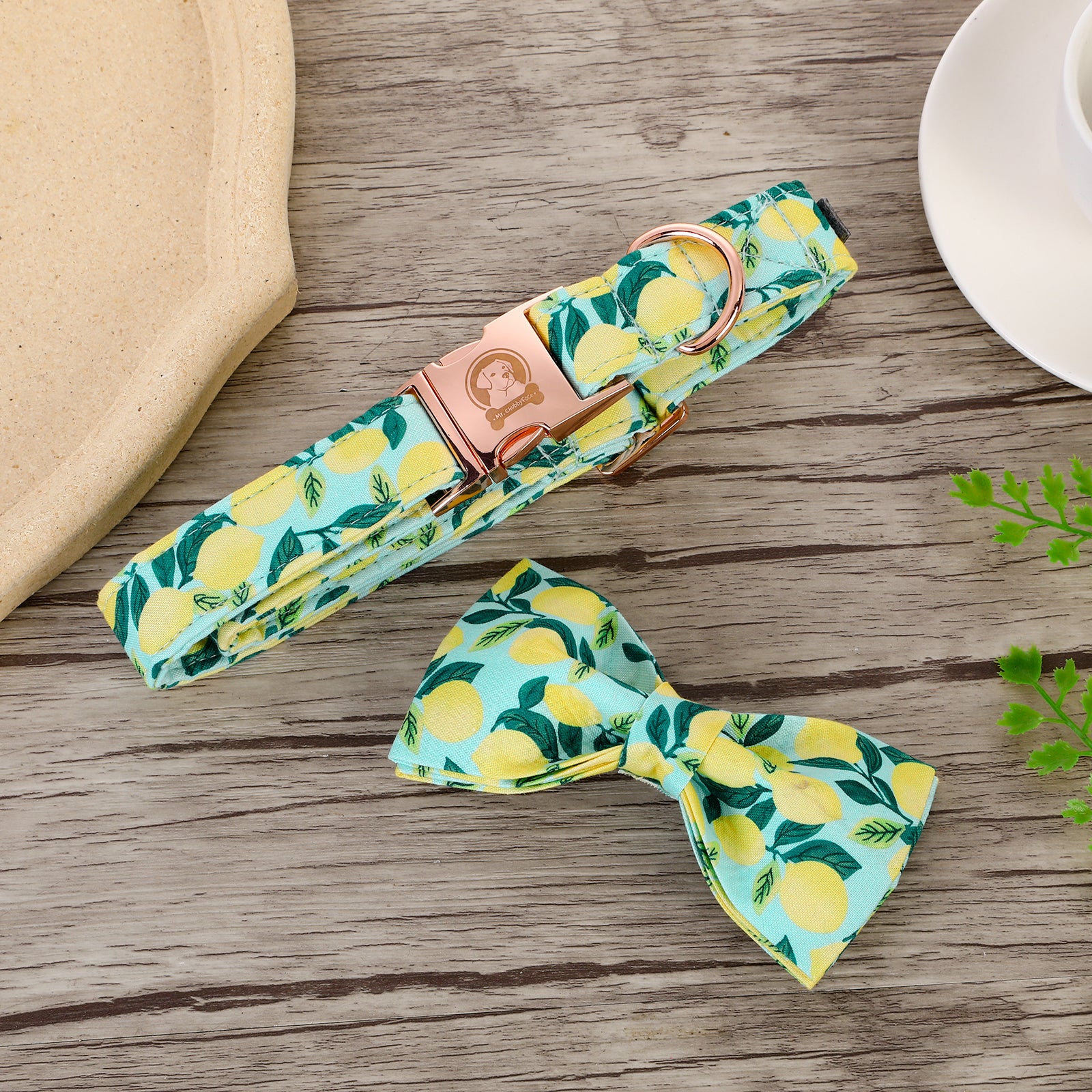 Cotton Bowtie Dog Collar with Metal Buckle for Girl or Boy, Lemon Pattern