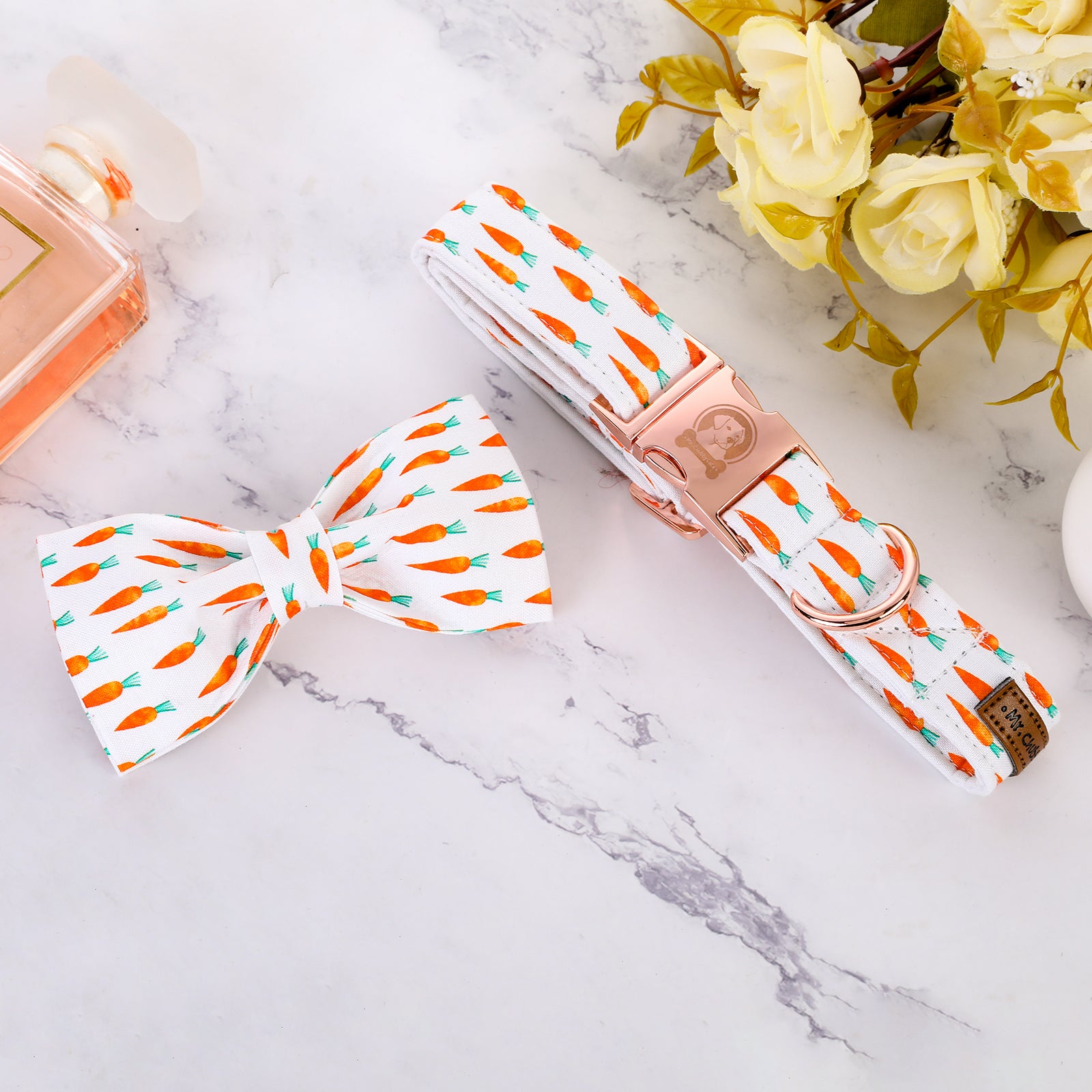 Easter Cotton Bowtie Dog Collar with Metal Buckle for Girl or Boy, Carrot Pattern