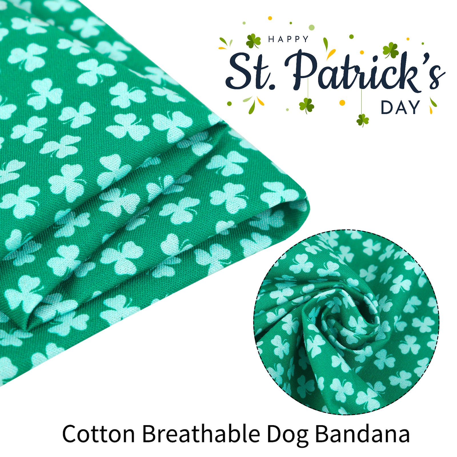 St. Patrick's Day Dog Bandana Handkerchief Scarf for Male Female Dog, Green Clover